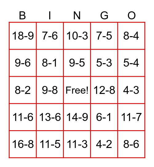 Subtraction Bingo Card