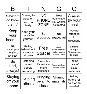Biology Classroom Norms Bingo Card