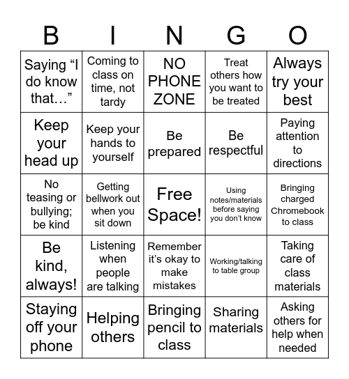 Biology Classroom Norms Bingo Card