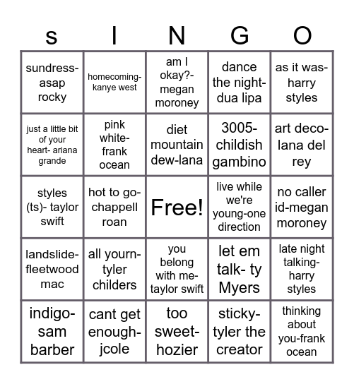 SINGO Bingo Card