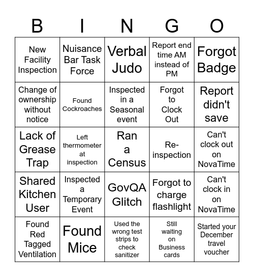 Food Safety Bingo Card