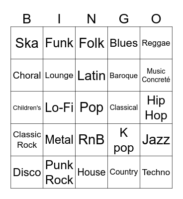 Musical Genres Bingo Card