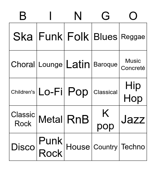 Musical Genres Bingo Card