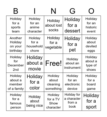 Unusual Holidays Bingo Card