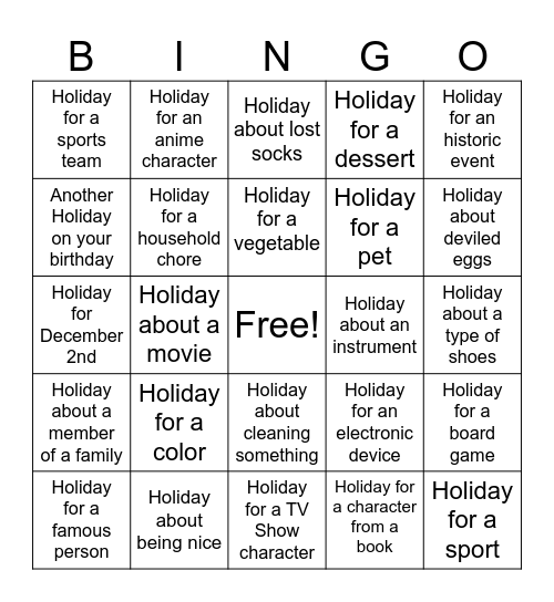 Unusual Holidays Bingo Card