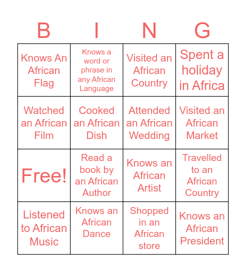 African Bingo Card