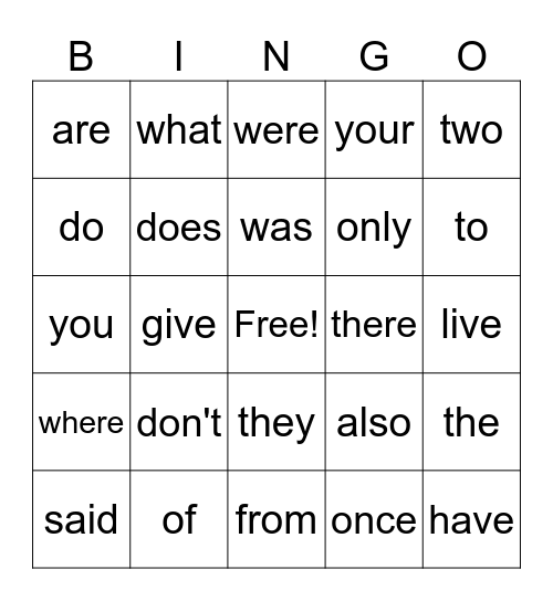 Level 1 Red Words Bingo Card