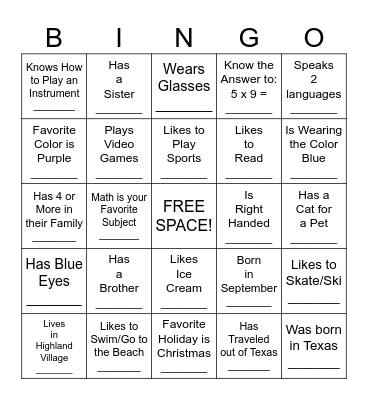 "Get to Know Me" Bingo Card