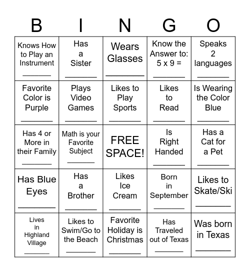 "Get to Know Me" Bingo Card