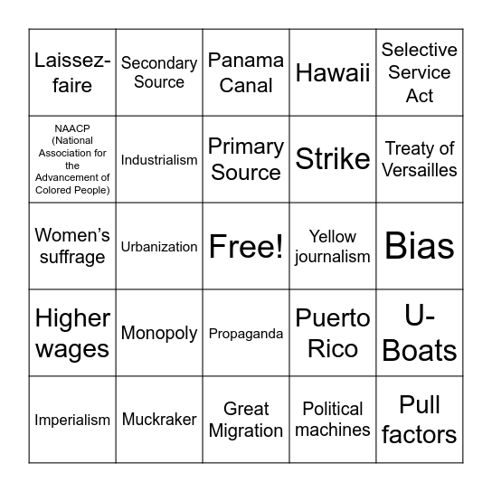 USH Final Exam Review Bingo Card