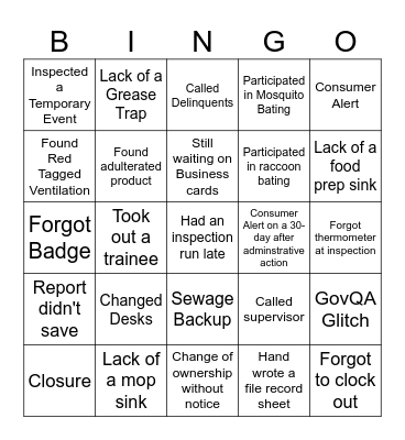Food Safety Bingo Card