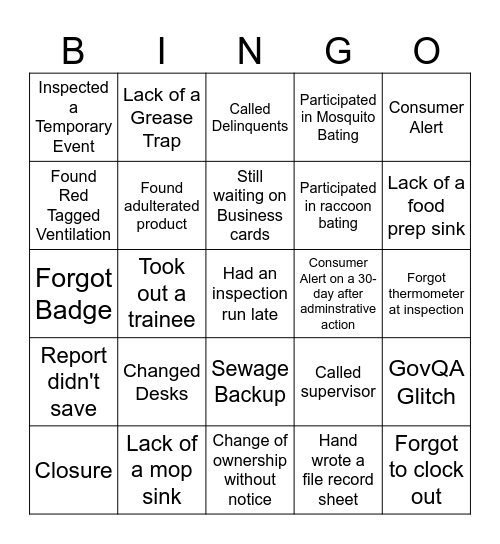Food Safety Bingo Card