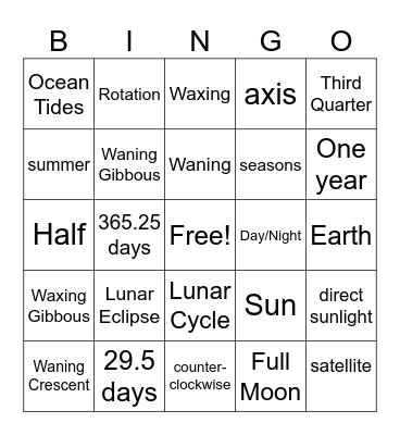 Earth, Moon, Sun System Bingo Card