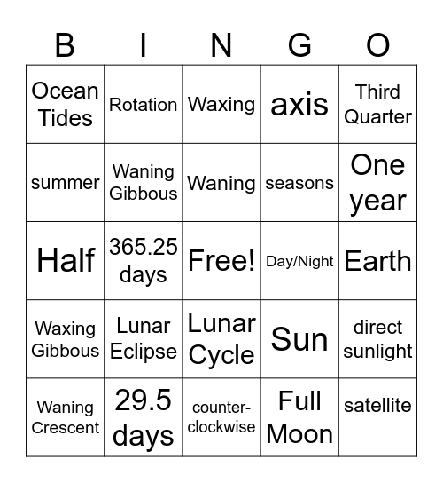 Earth, Moon, Sun System Bingo Card