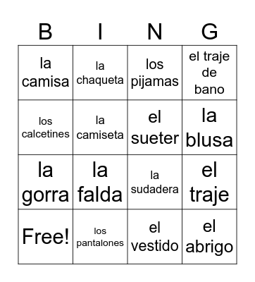 La Ropa Bingo Card