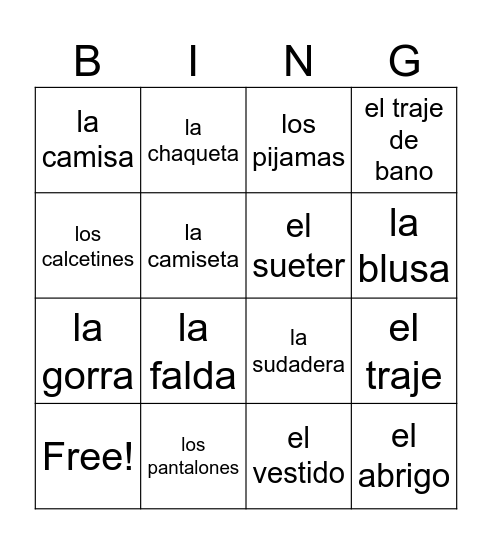 La Ropa Bingo Card