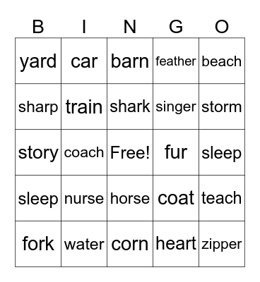 R Controlled Vowel Word Bingo Card