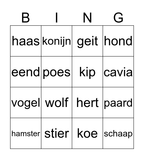 over dieren Bingo Card