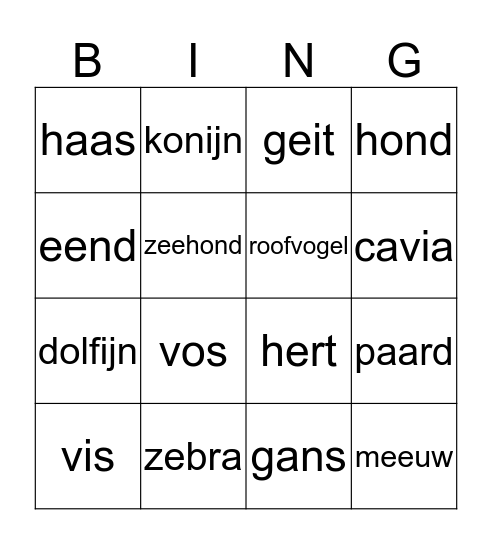 over dieren Bingo Card