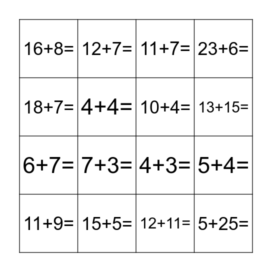 Adding within 30 Bingo Card