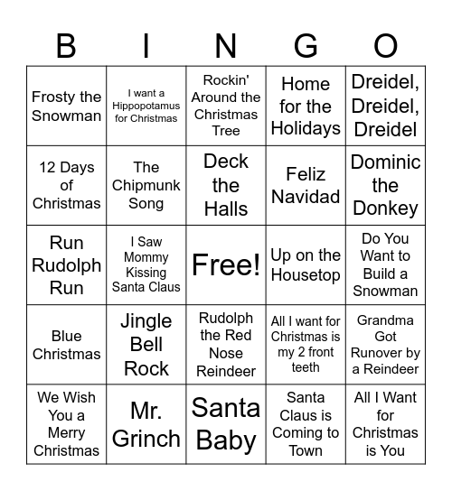 Holiday Music Bingo Card