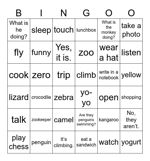 Unit 6: Funny monkeys! Bingo Card