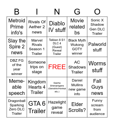 Game Awards Predictions Bingo Card
