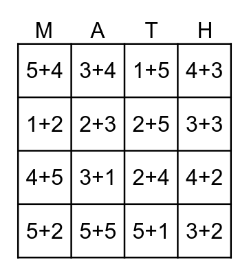 Addition Bingo (Within 10) Bingo Card