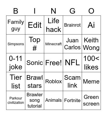 Yt shorts bingo Card