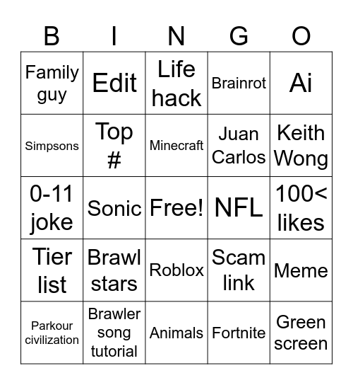 Yt shorts bingo Card