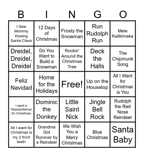 Holiday Music Bingo Card