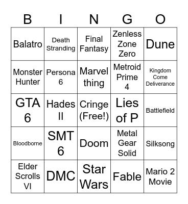 Game Awards 2024 Bingo Card
