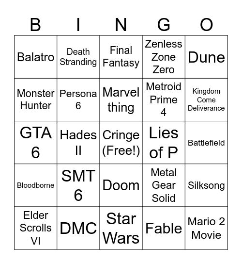Game Awards 2024 Bingo Card