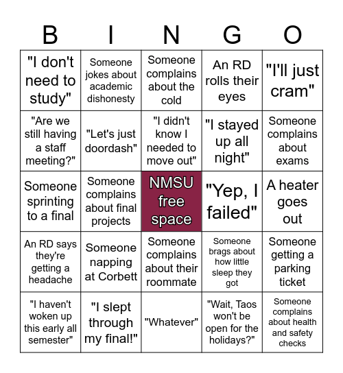 NMSU Finals Bingo Card