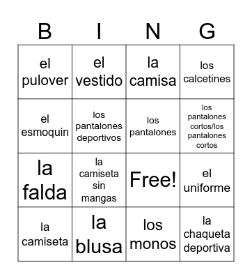 Ropa/Clothes Bingo Card