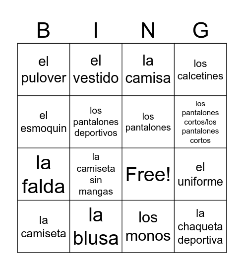 Ropa/Clothes Bingo Card