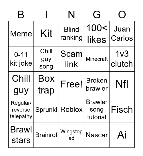 Yt shorts bingo Card