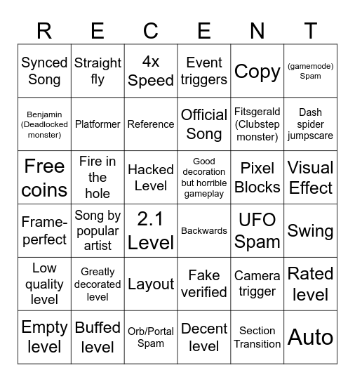 Geometry Dash Recent Tab Bingo Card