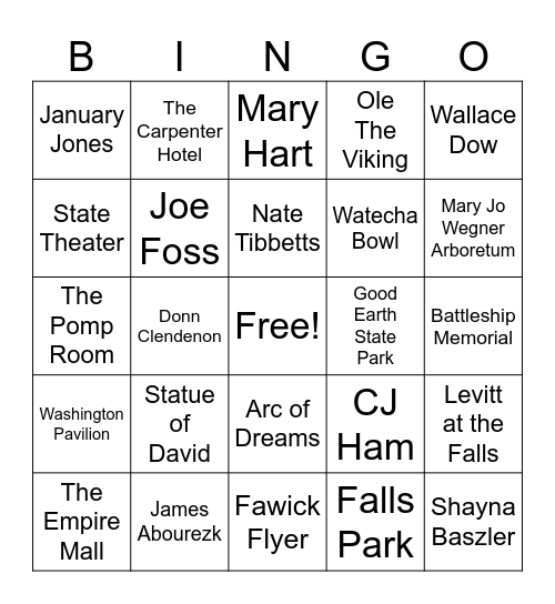 Sioux Falls Bingo Card