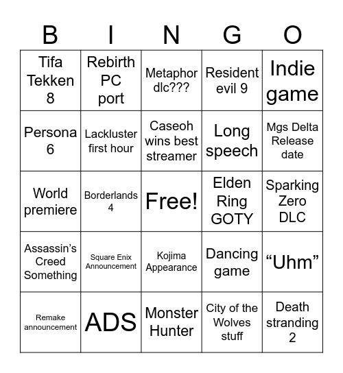 Game Awards 2024 Bingo Card