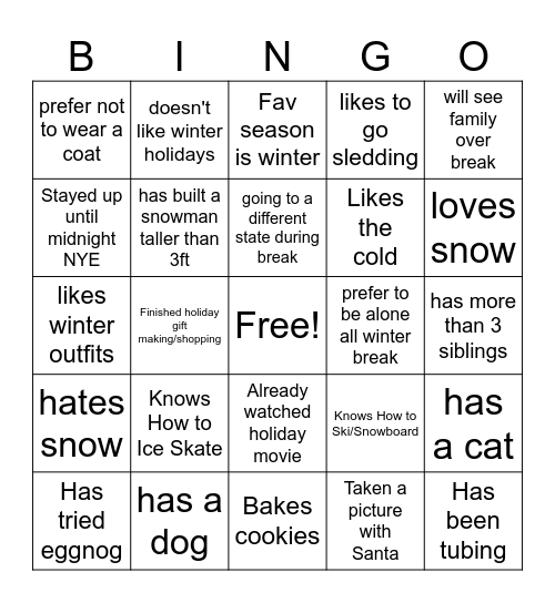 Winter Bingo Card