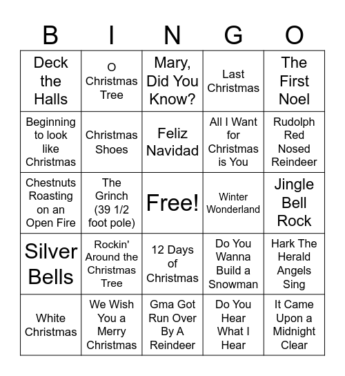 PAC Christmas Song BINGO Card