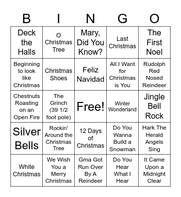 PAC Christmas Song Bingo Card