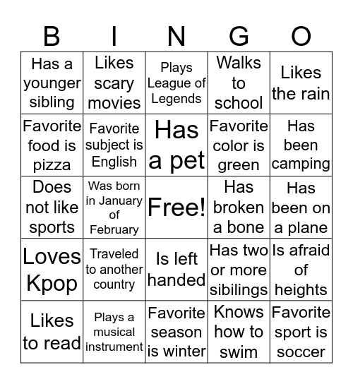 Getting to Know You Bingo! Bingo Card