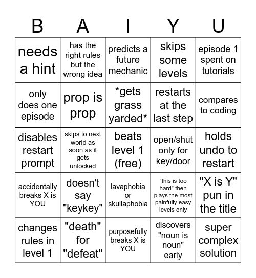 BABA IS YOU: FIRST PLAYTHROUGH BINGO Card