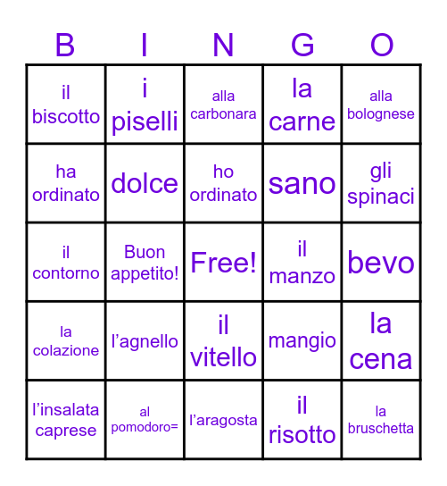 Ristorante Italiano Bingo Card