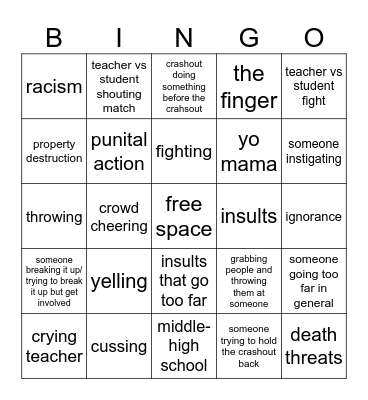 School Crashouts Bingo Card