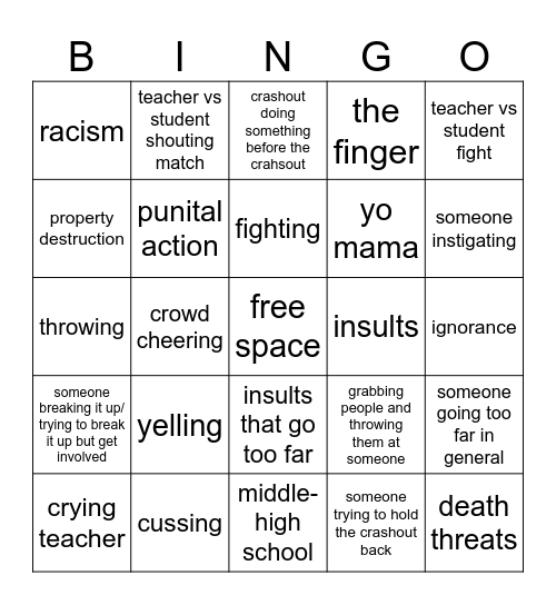 School Crashouts Bingo Card