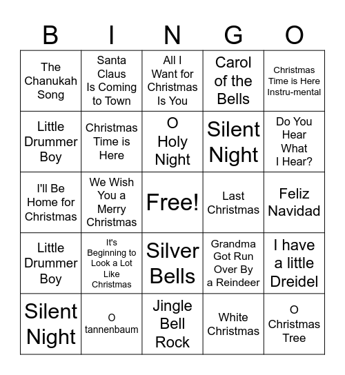 Holiday Song Bingo Card