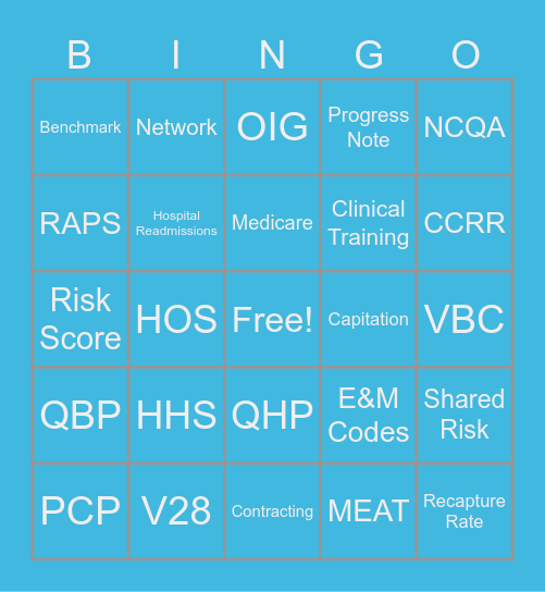 Risk Adjustment (Healthcare) Bingo Card